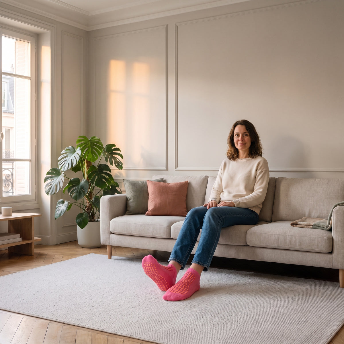 Chaussettes antidérapantes roses portées aux pieds