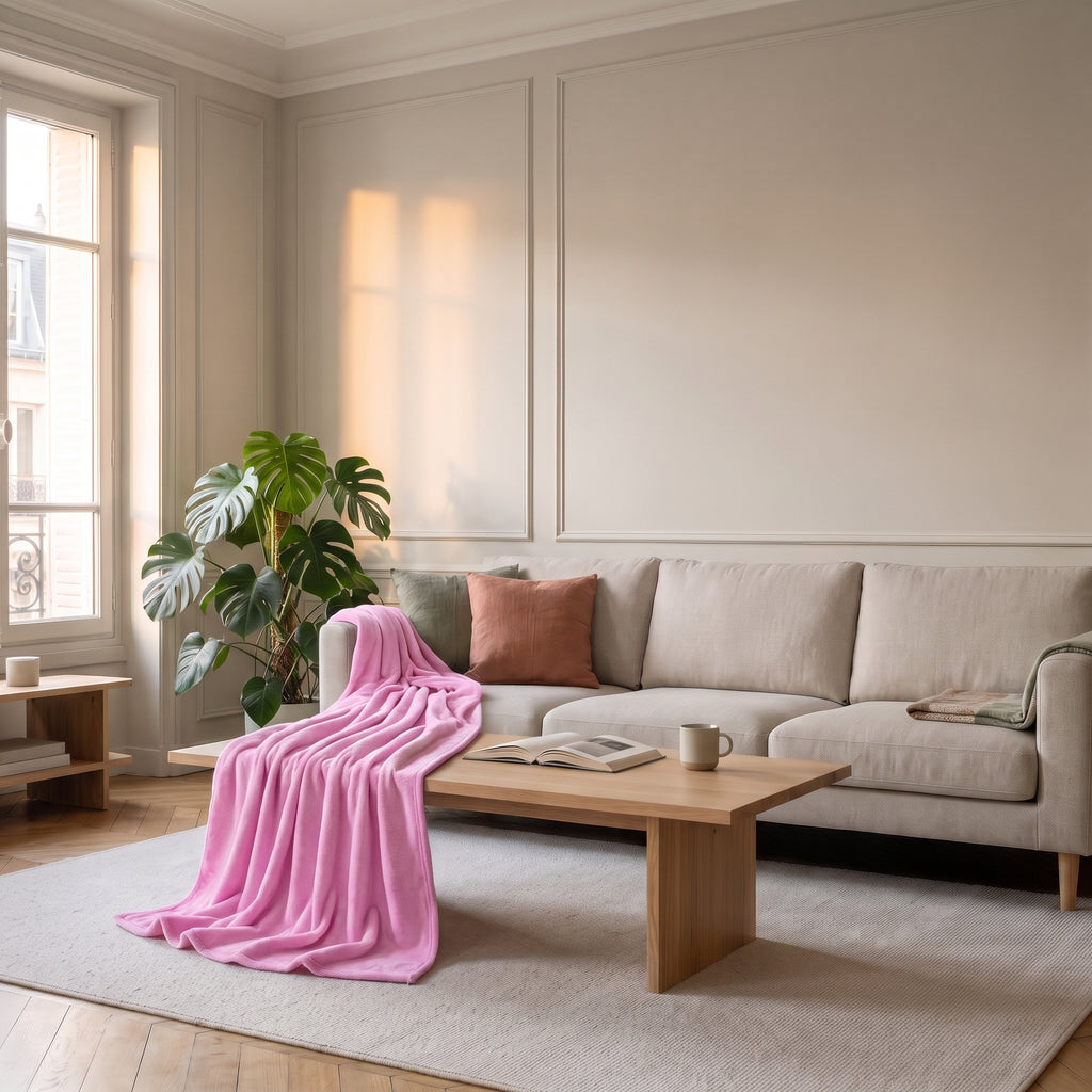 Plaid en flanelle rose jeté sur un canapé