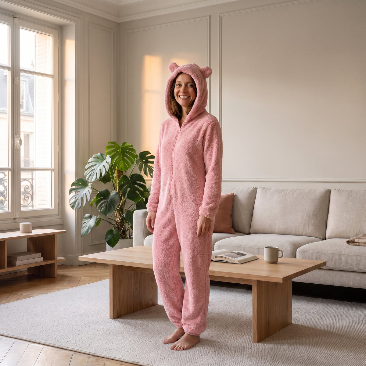 Combinaison polaire rose à capuche pour femme