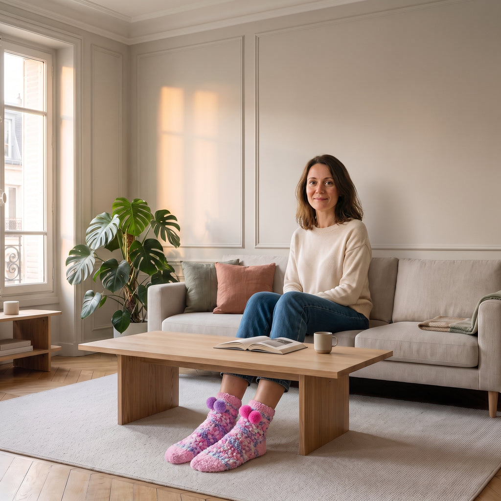 Chaussettes à pompons roses portées aux pieds