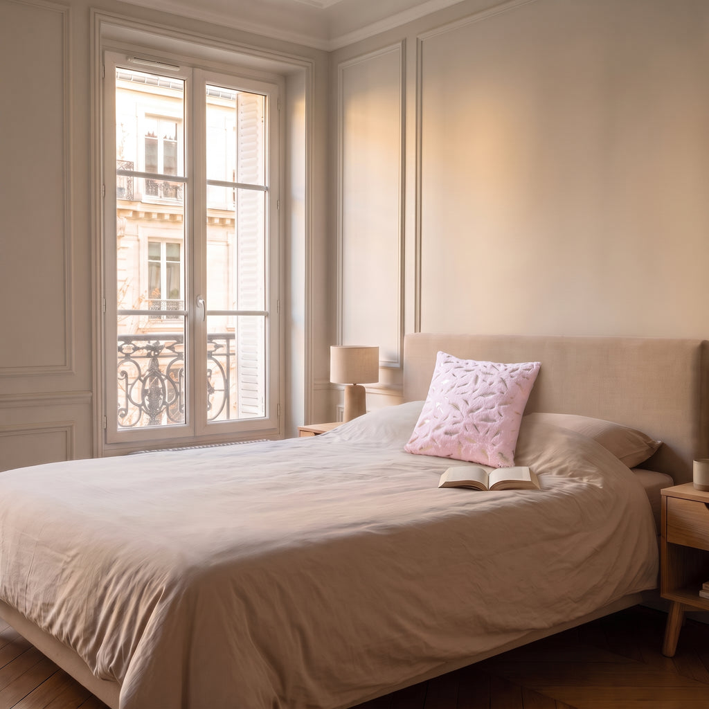 Housse de coussin en velours rose à plumes dorées