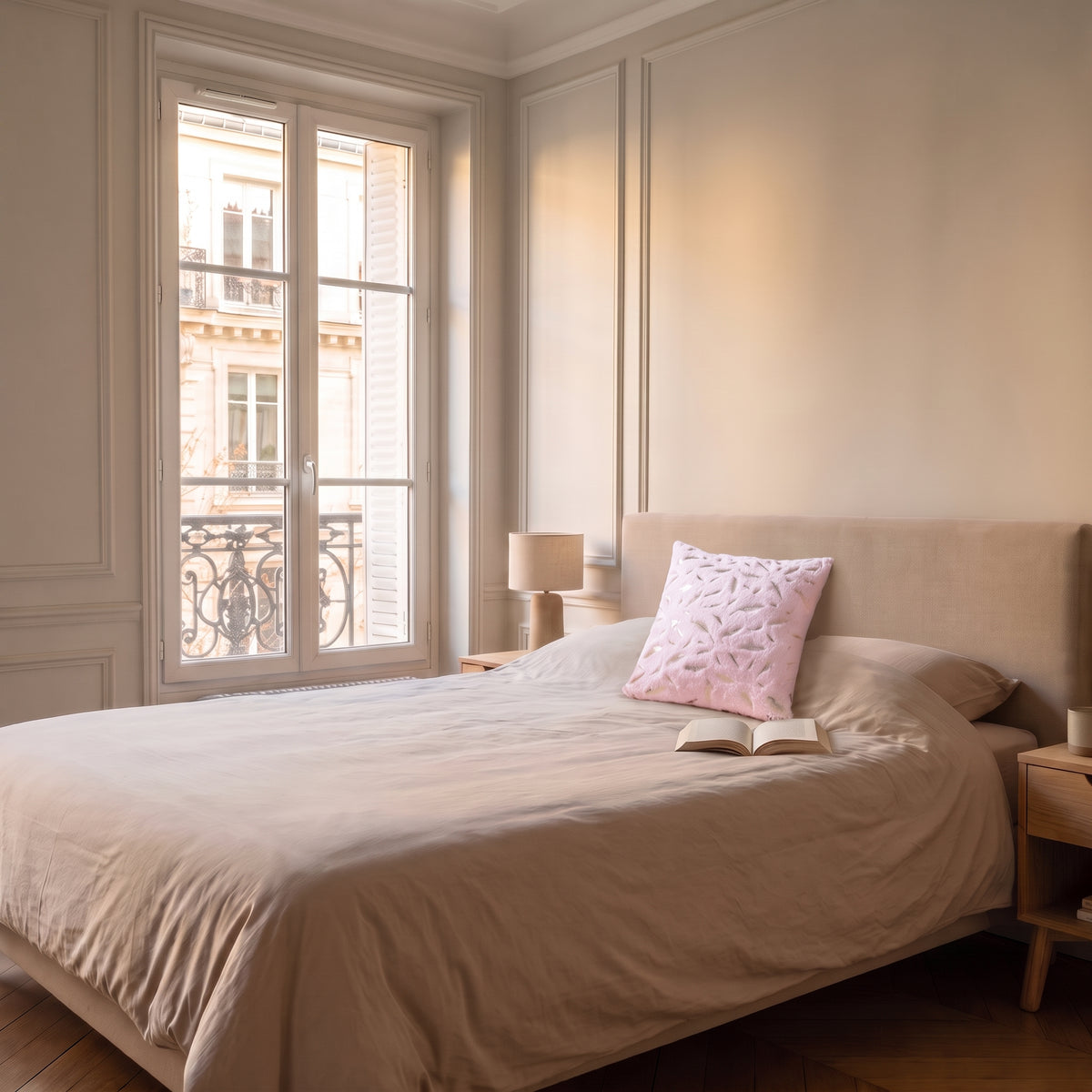 Housse de coussin en velours rose à plumes dorées
