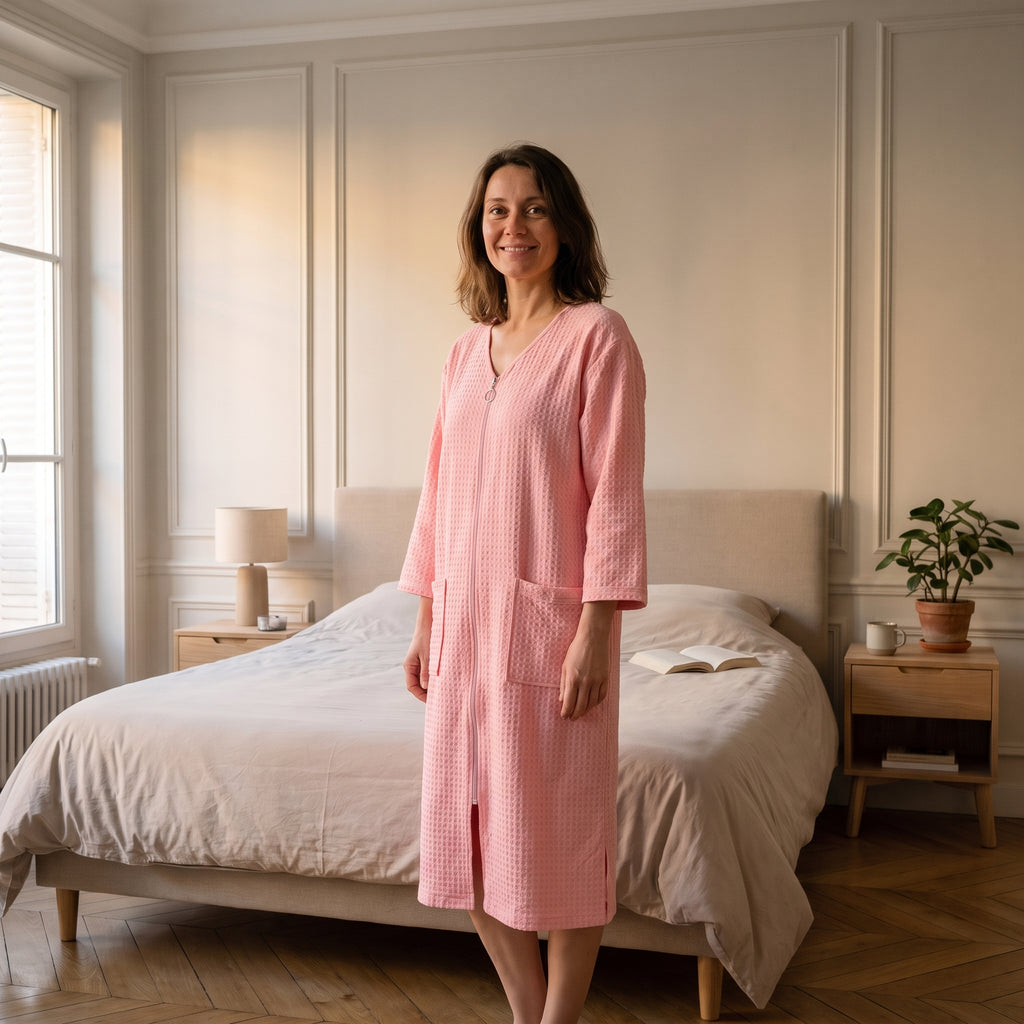 Robe de chambre zippée rose portée