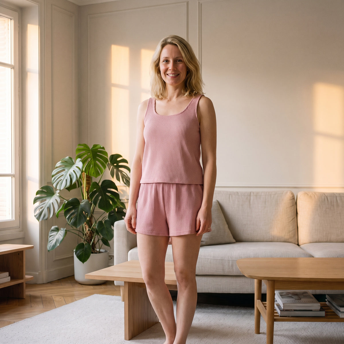 Ensemble d'été rose porté par une femme