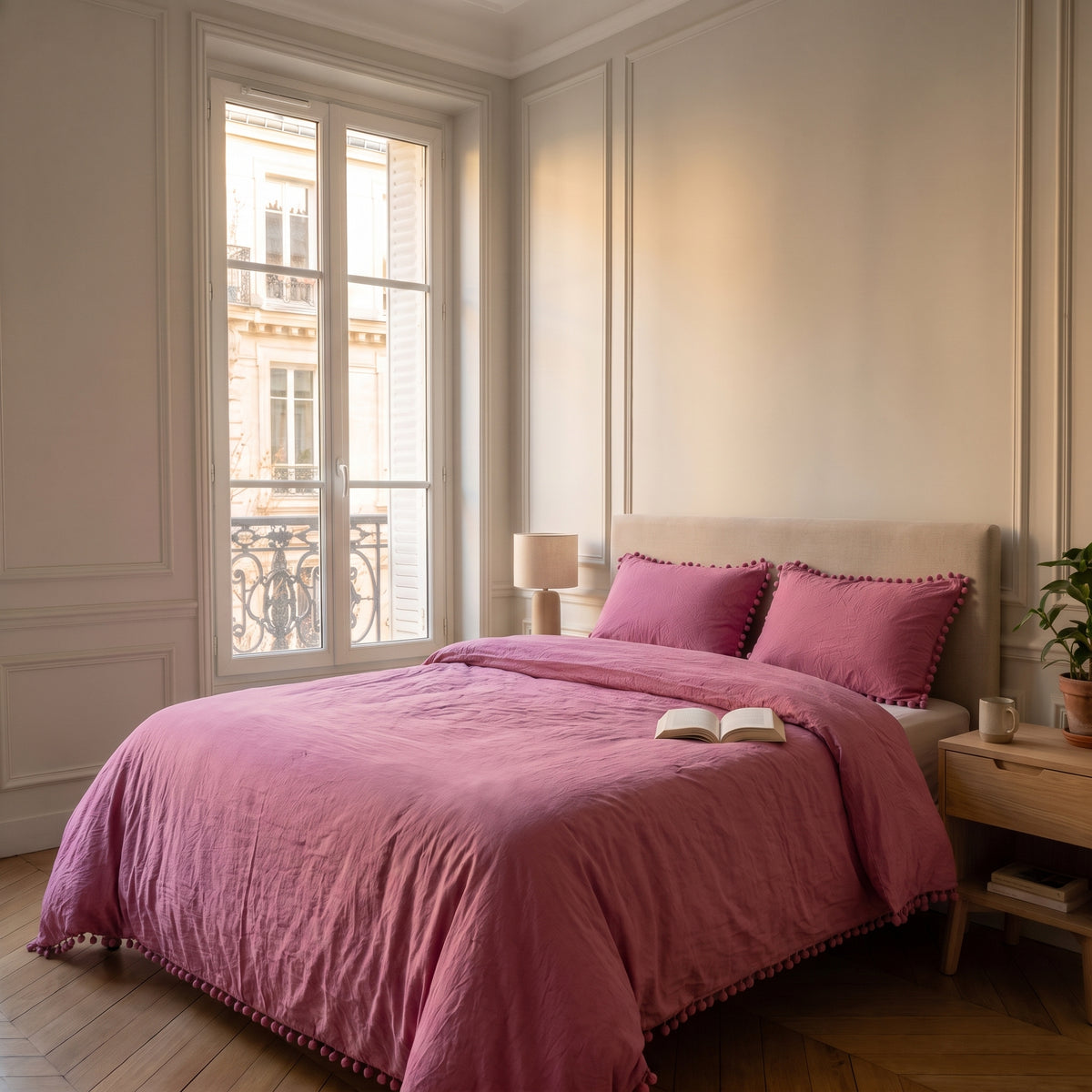 Housse de couette à pompons rose