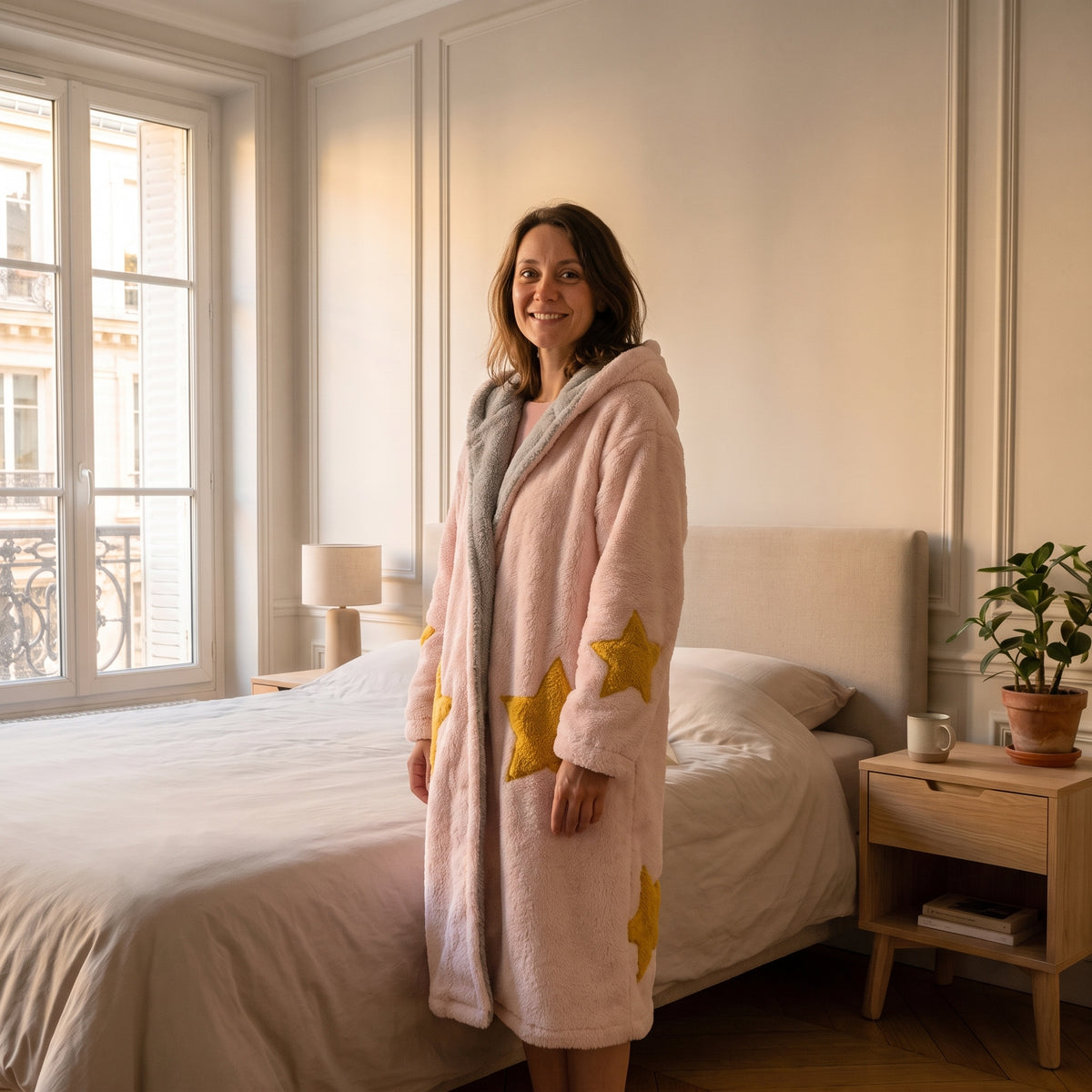 Peignoir à capuche en sherpa rose porté par une femme
