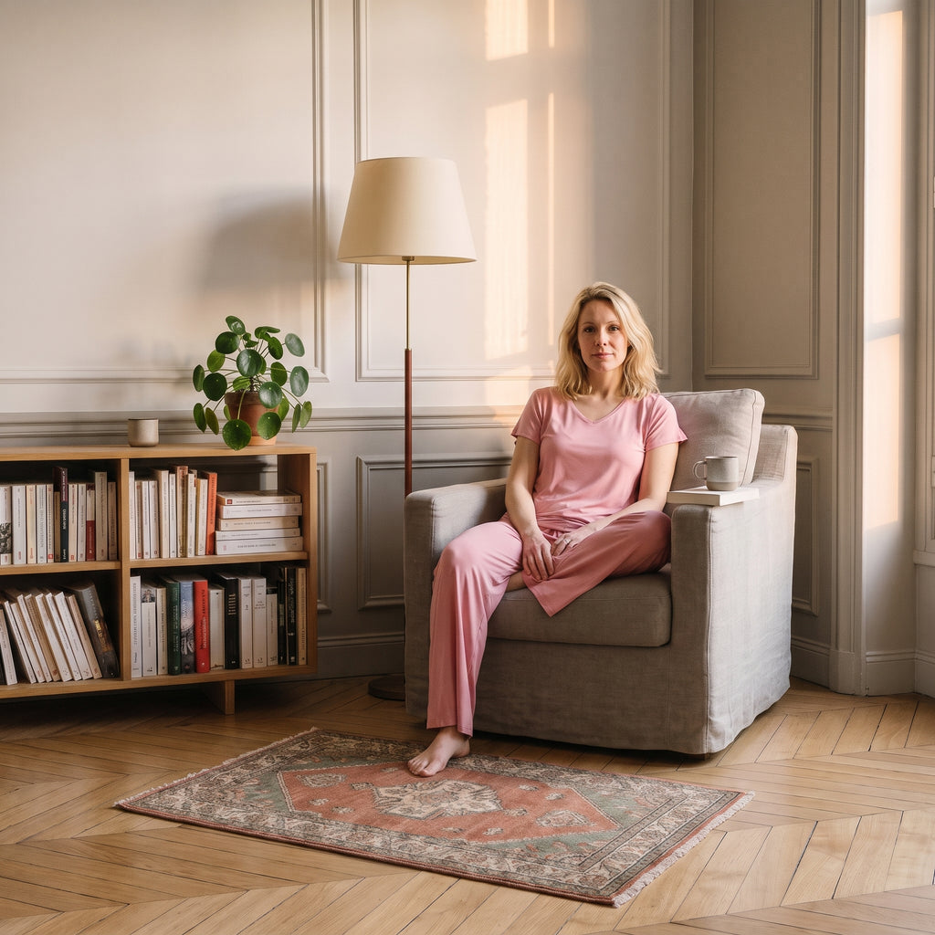 Pyjama mi-saison rose porté par une femme dans un coin lecture