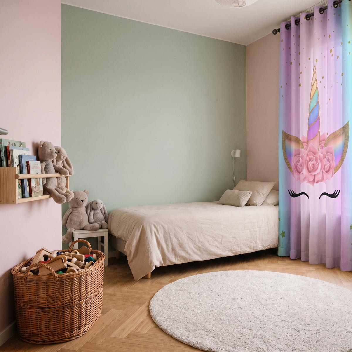 Rideau licorne occultant rose sur une fenêtre de chambre d'enfant