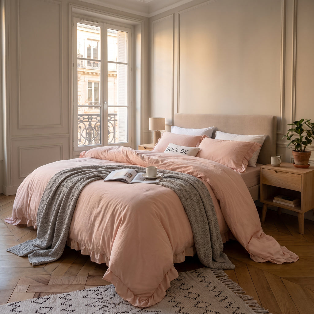 Housse de couette rose en coton sur un lit fait