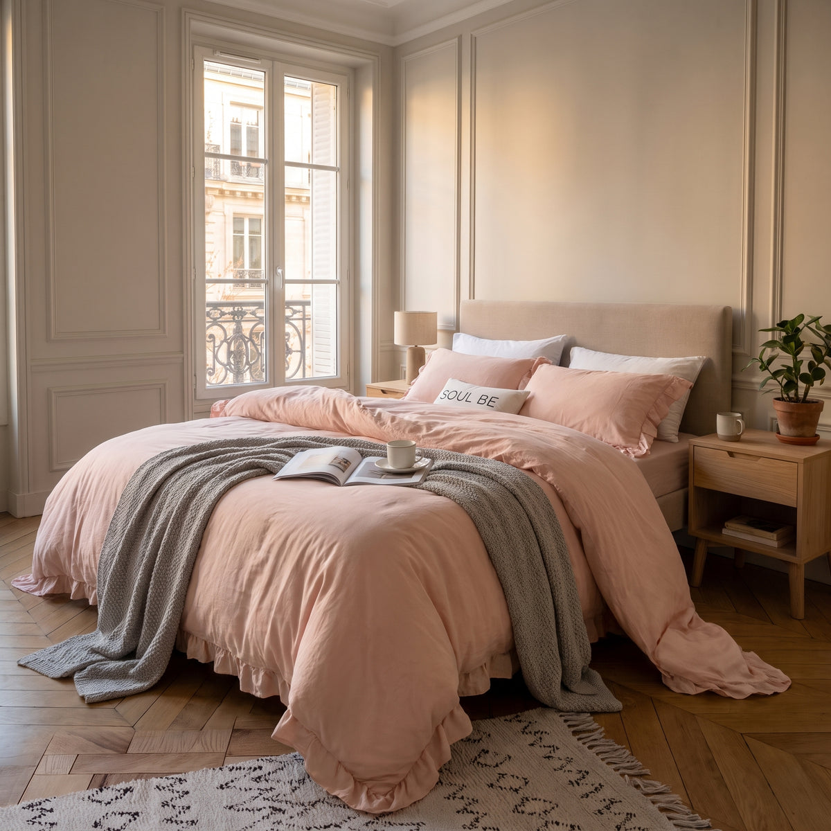 Housse de couette rose en coton sur un lit fait