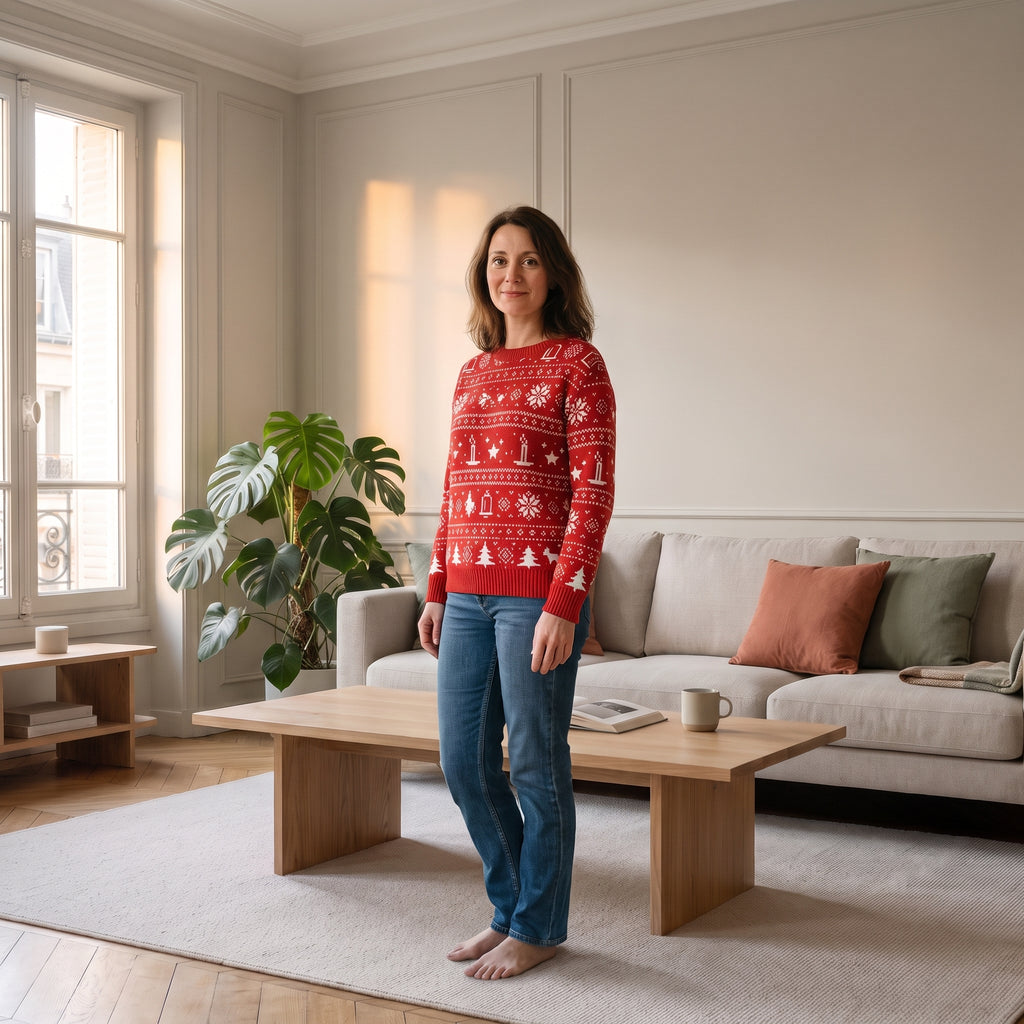 Pull de Noël rouge à sapins et flocons porté