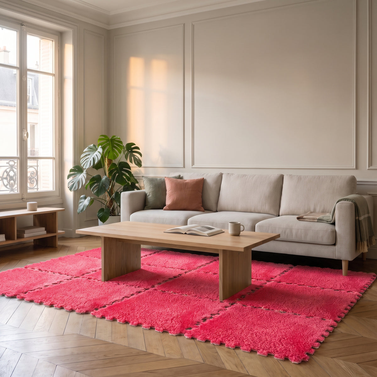 Carrés de tapis en mousse rouge clair emboîtés dans un salon