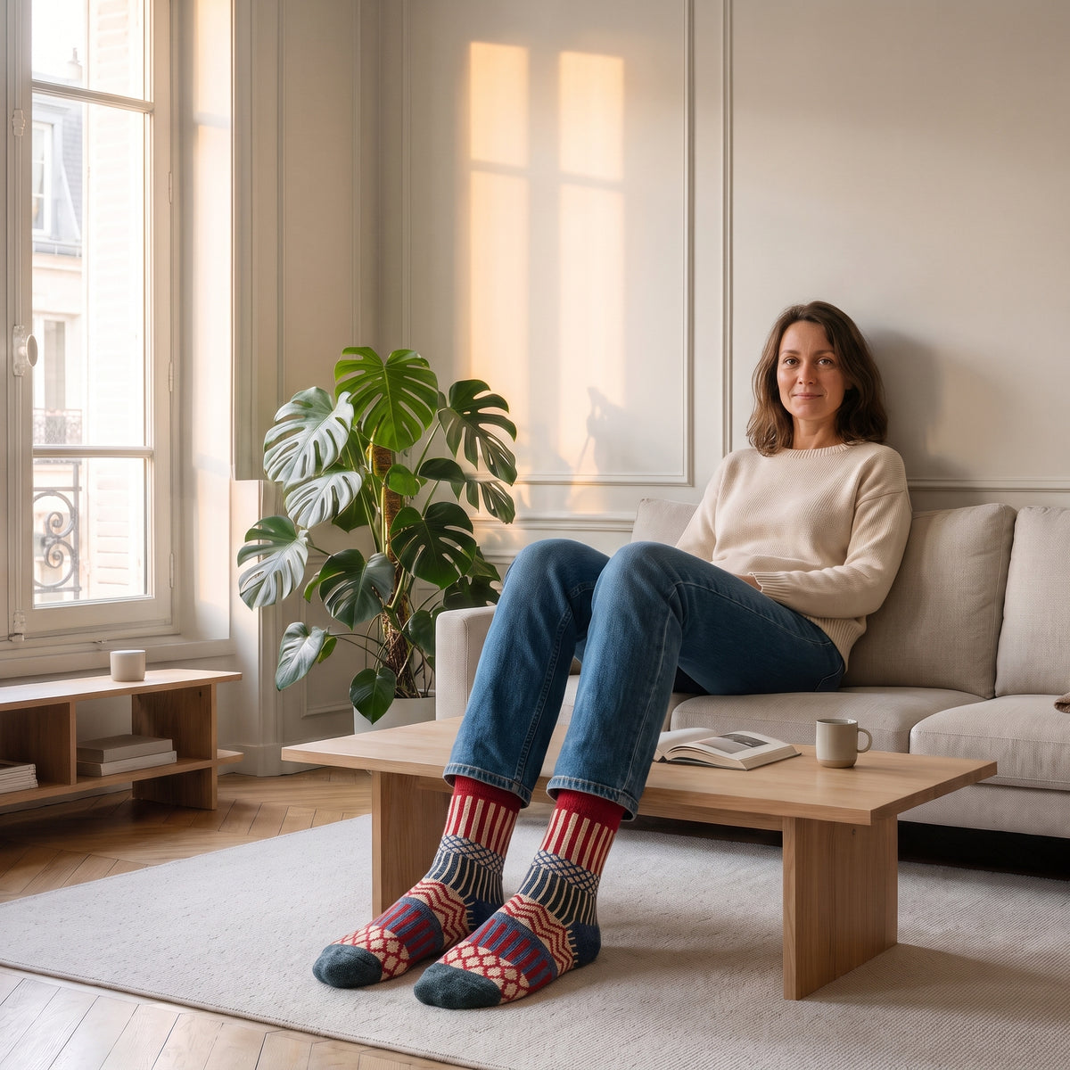 Chaussettes chaudes motif rouge et gris portées par une femme