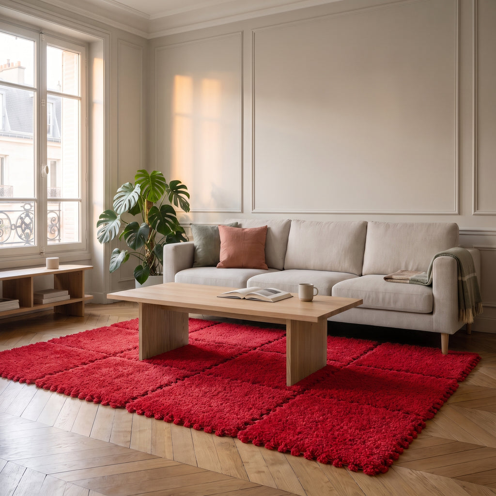 Carrés de tapis en mousse rouge foncé emboîtés dans un salon