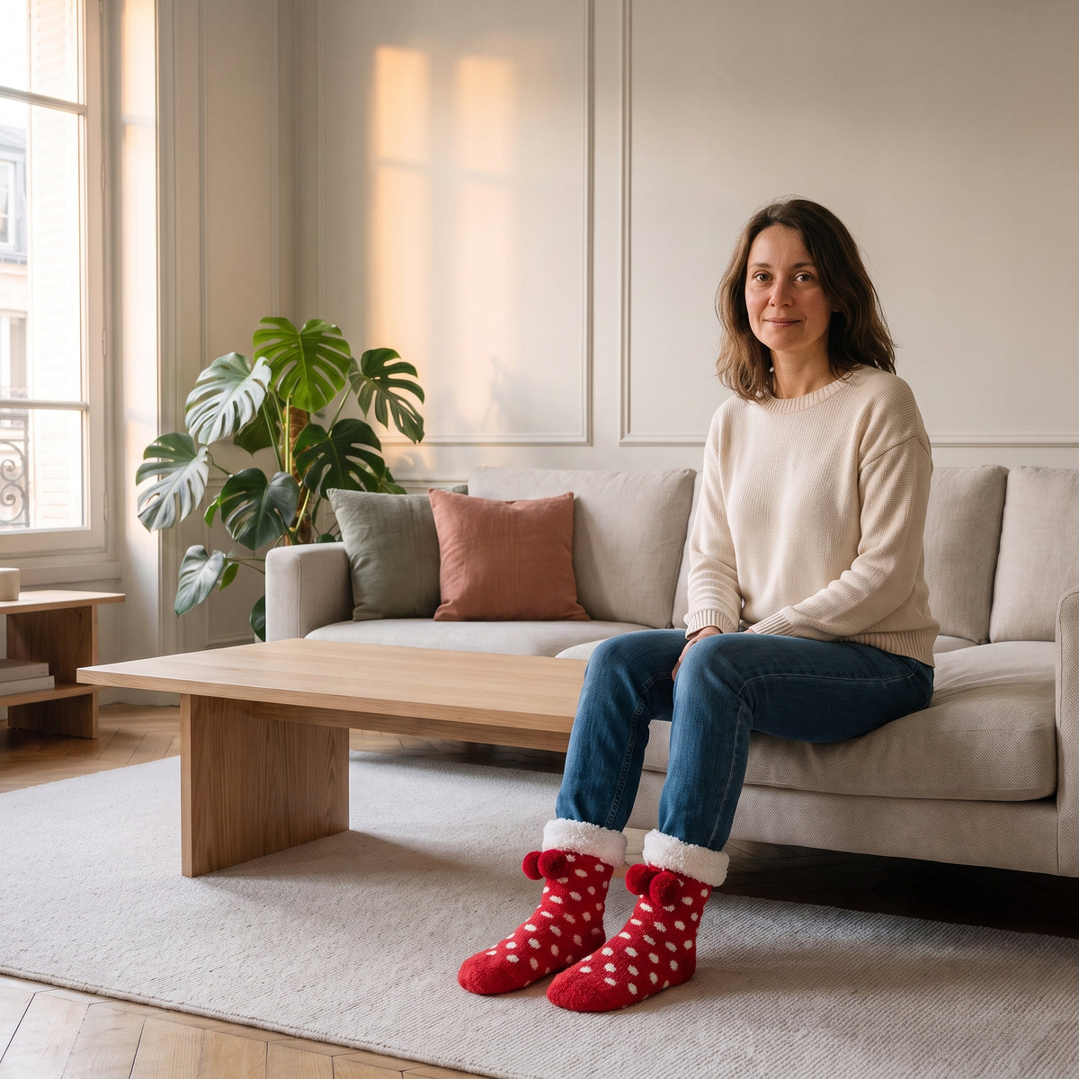 Chaussettes à pompons rouges portées aux pieds