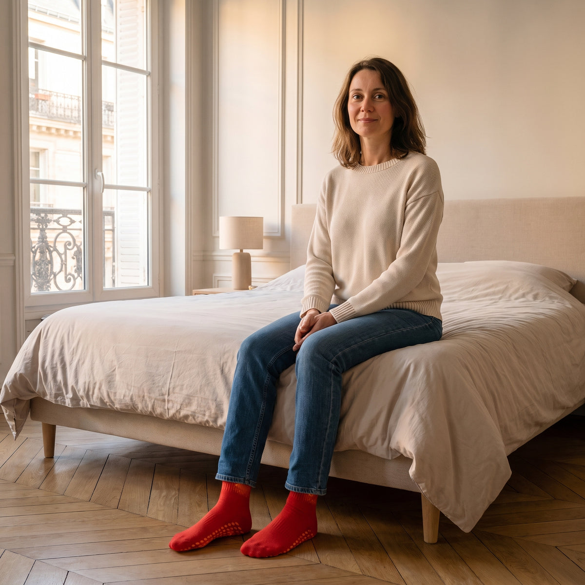 Chaussettes unisexes rouges en coton portées aux pieds dans une chambre