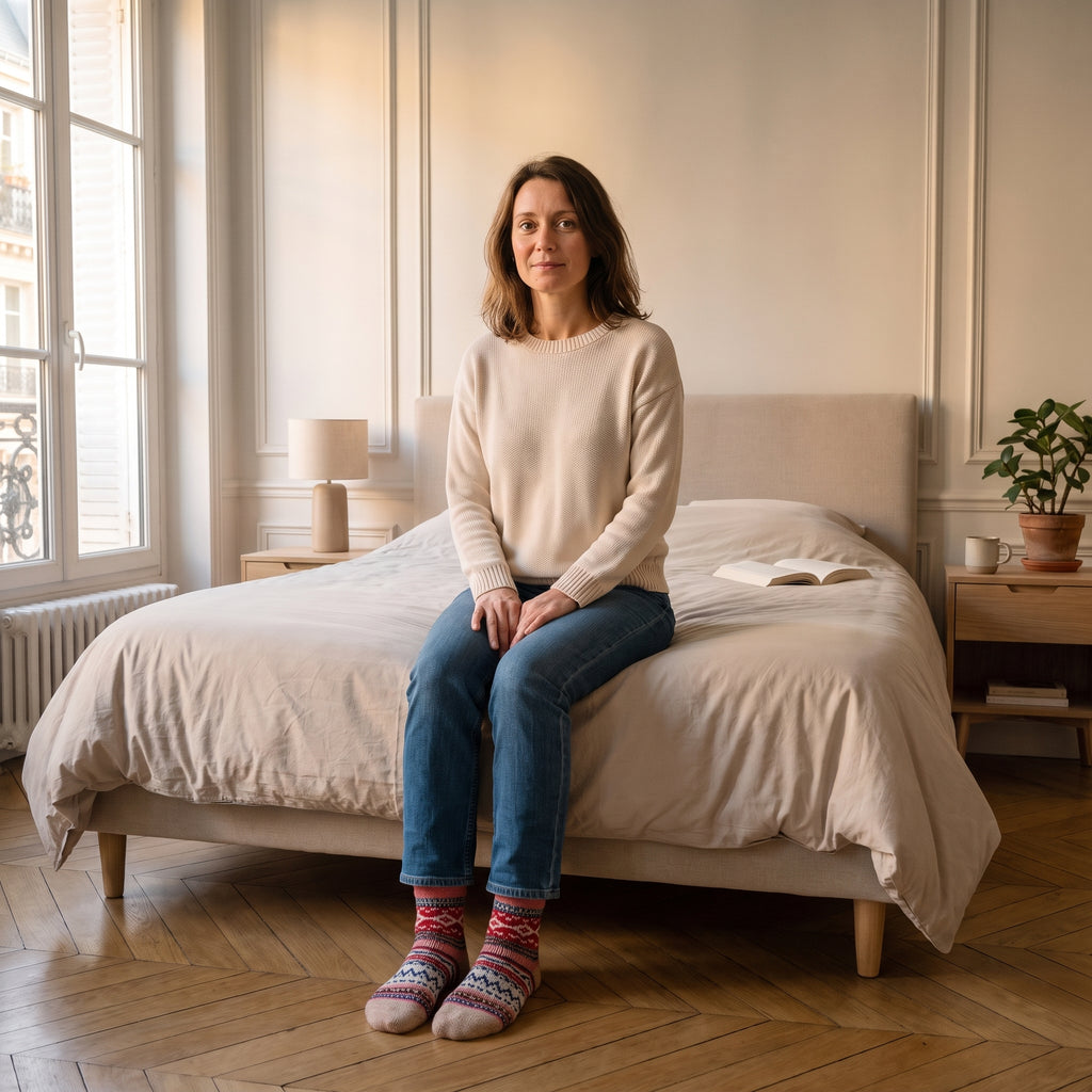 Chaussettes multicolores rouges portées aux pieds dans une chambre