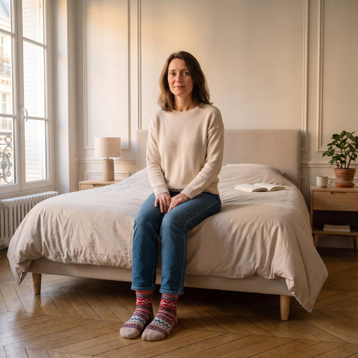Chaussettes multicolores rouges portées aux pieds dans une chambre