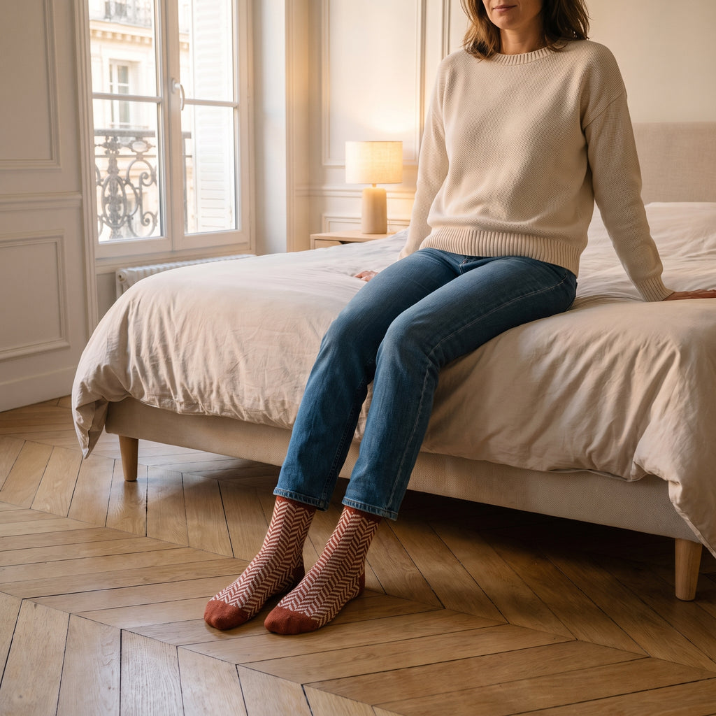Chaussettes rouges à chevrons portées aux pieds dans une chambre