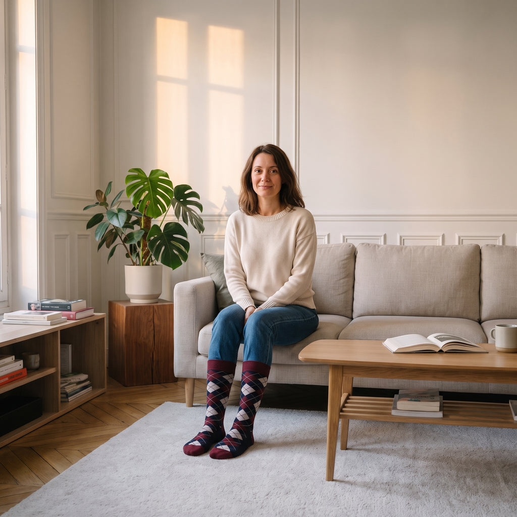 Chaussettes rouges à losanges jacquard portées aux pieds dans le salon