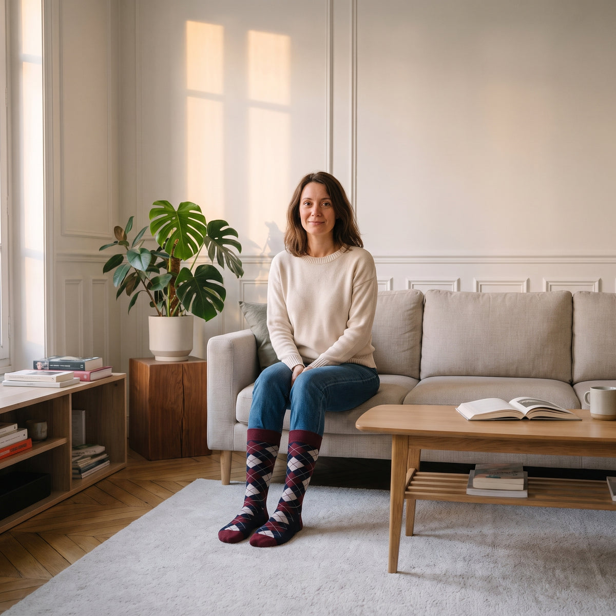 Chaussettes rouges à losanges jacquard portées aux pieds dans le salon