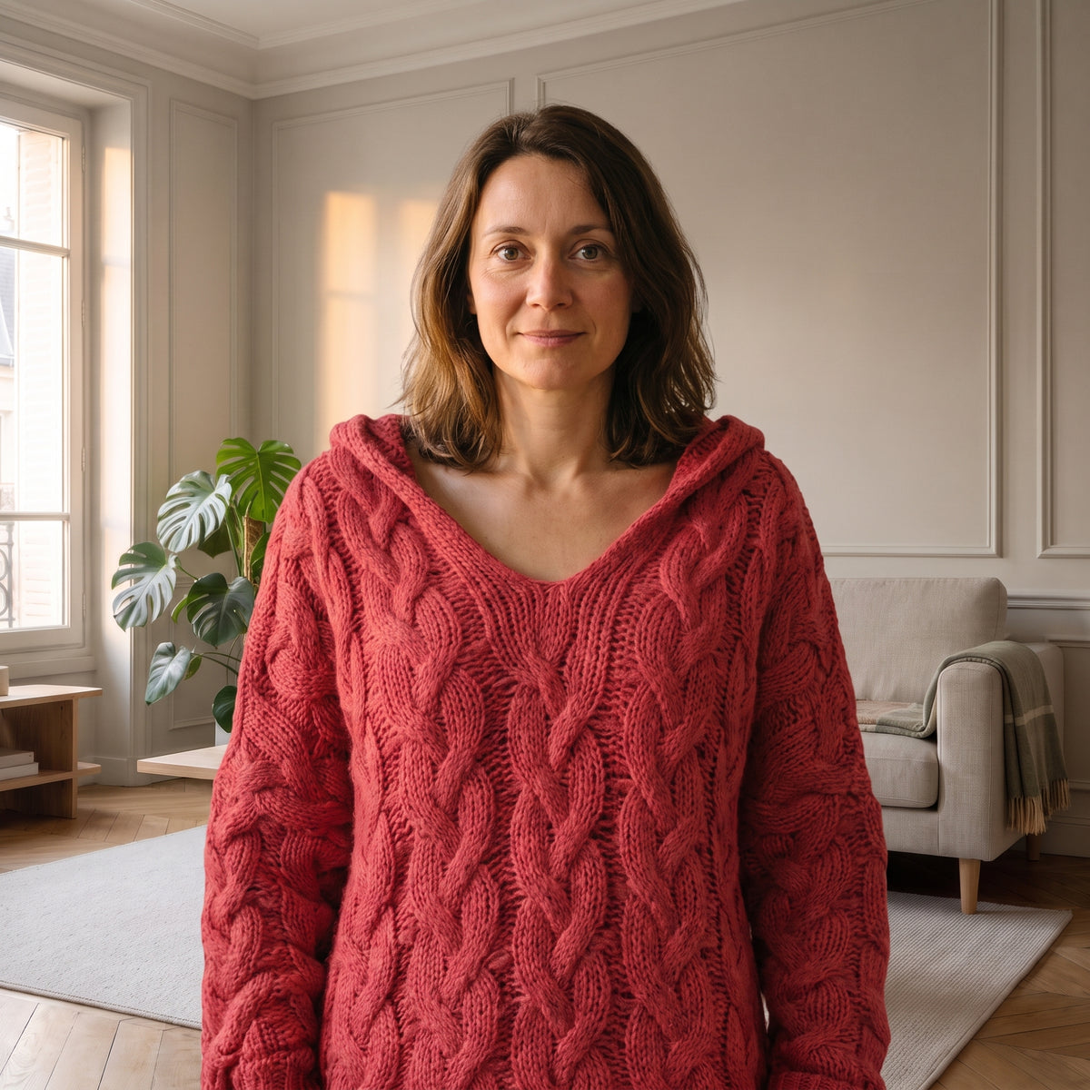 Pull en grosse maille rouge porté par une femme