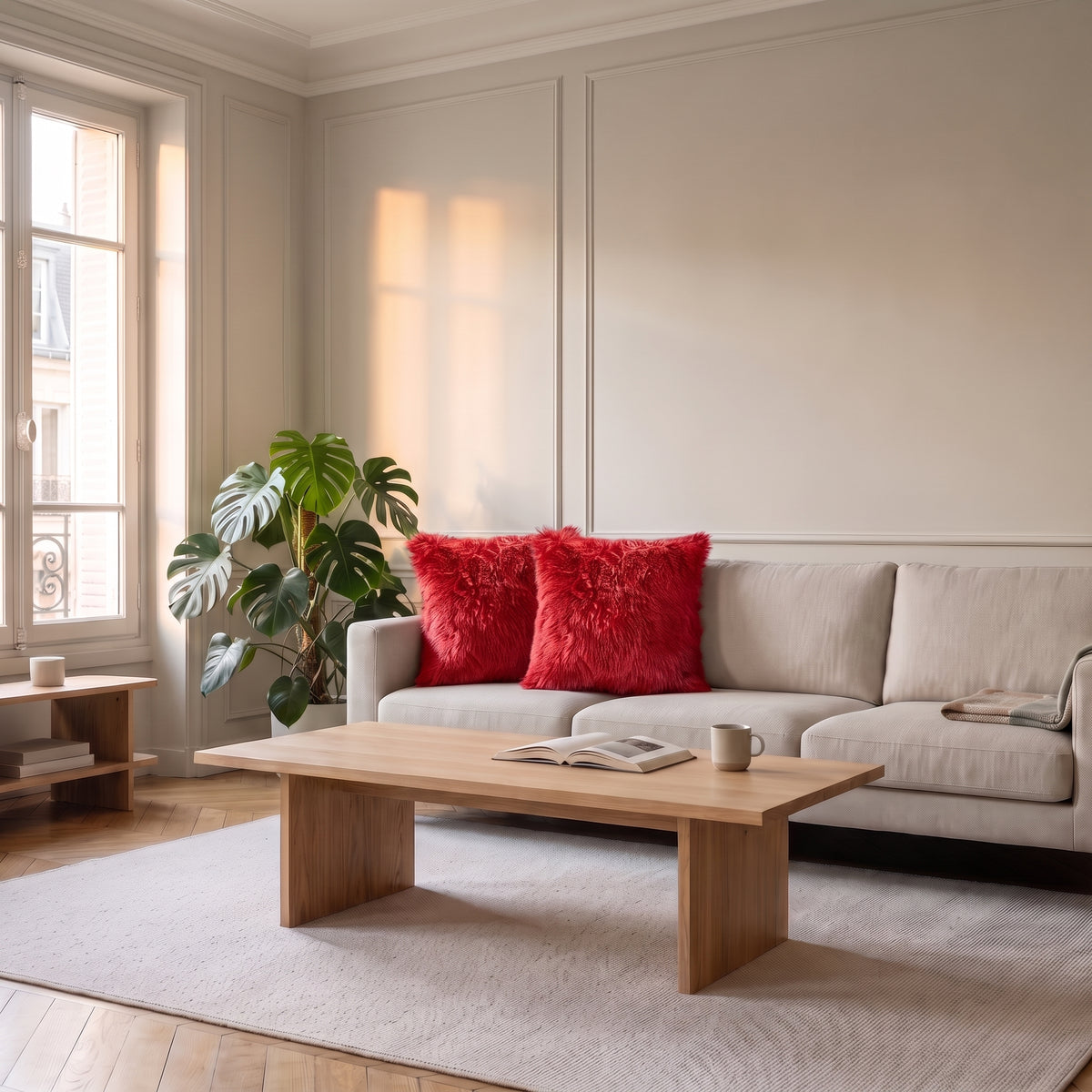Housse de coussin en fausse fourrure rouge