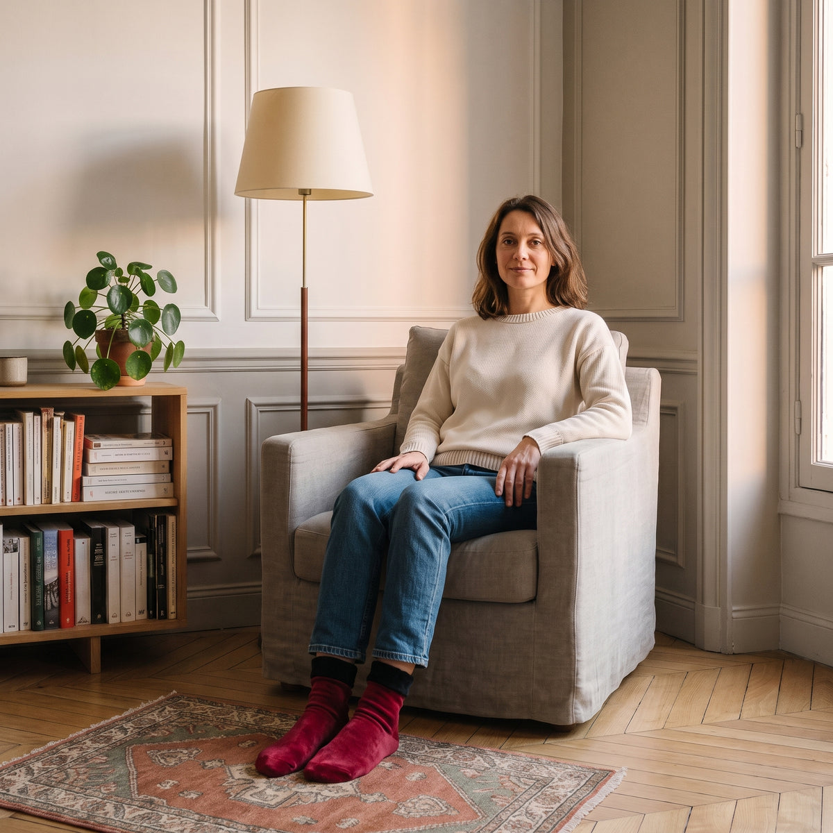Chaussettes unies rouges à revers duveteux portées aux pieds dans un coin lecture