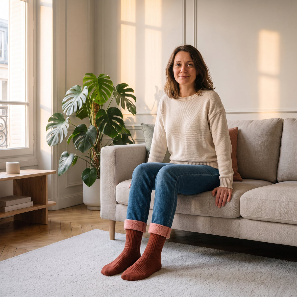 Chaussettes unies rouges à revers contrastant portées