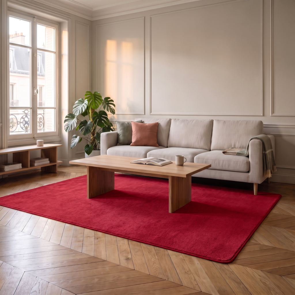 Tapis en molleton rouge posé au sol d'un salon, devant le canapé