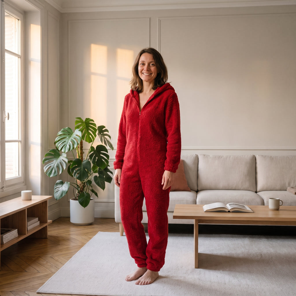 Combinaison polaire rouge à oreilles pour femme
