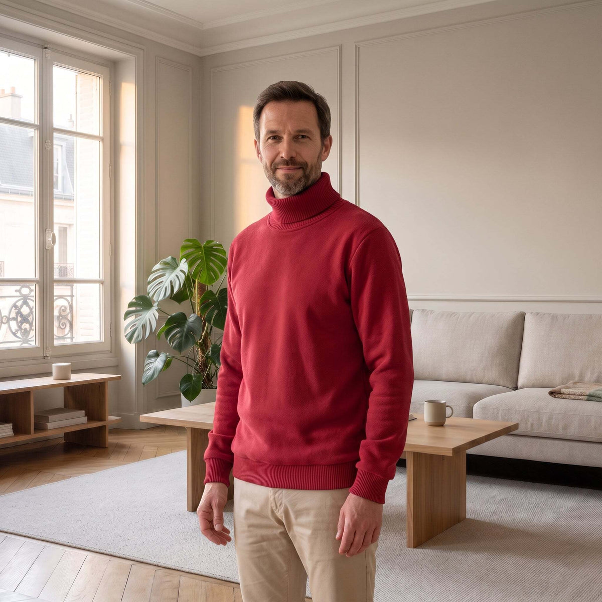 Pull col roulé polaire rouge porté par un homme
