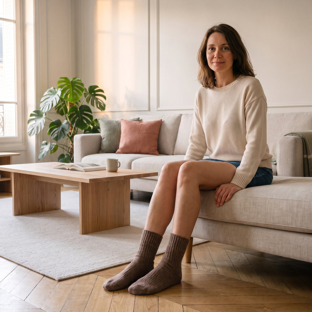 Chaussettes en laine épaisse taupe portées