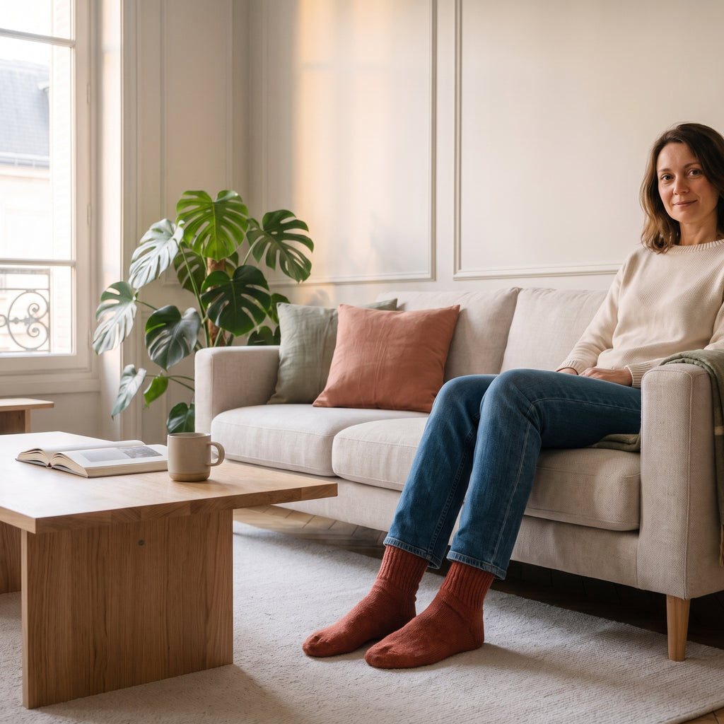 Chaussettes en laine épaisse terracotta portées