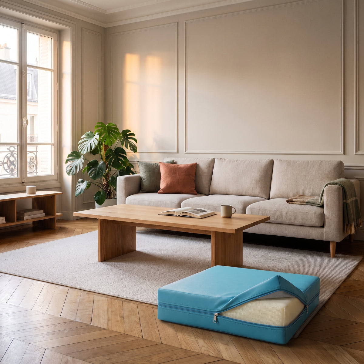 Coussin de sol turquoise en simili cuir