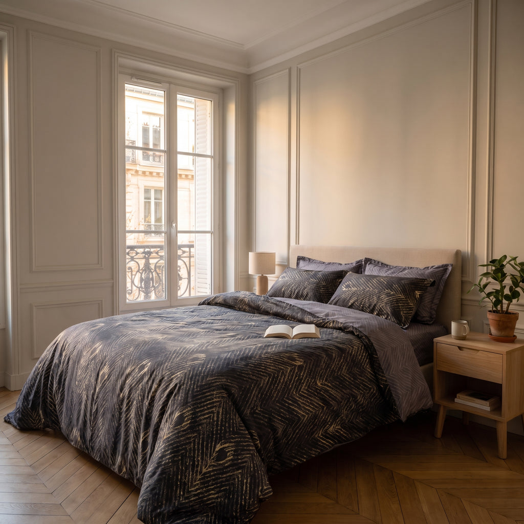 Housse de couette motif végétation noire sur un lit fait