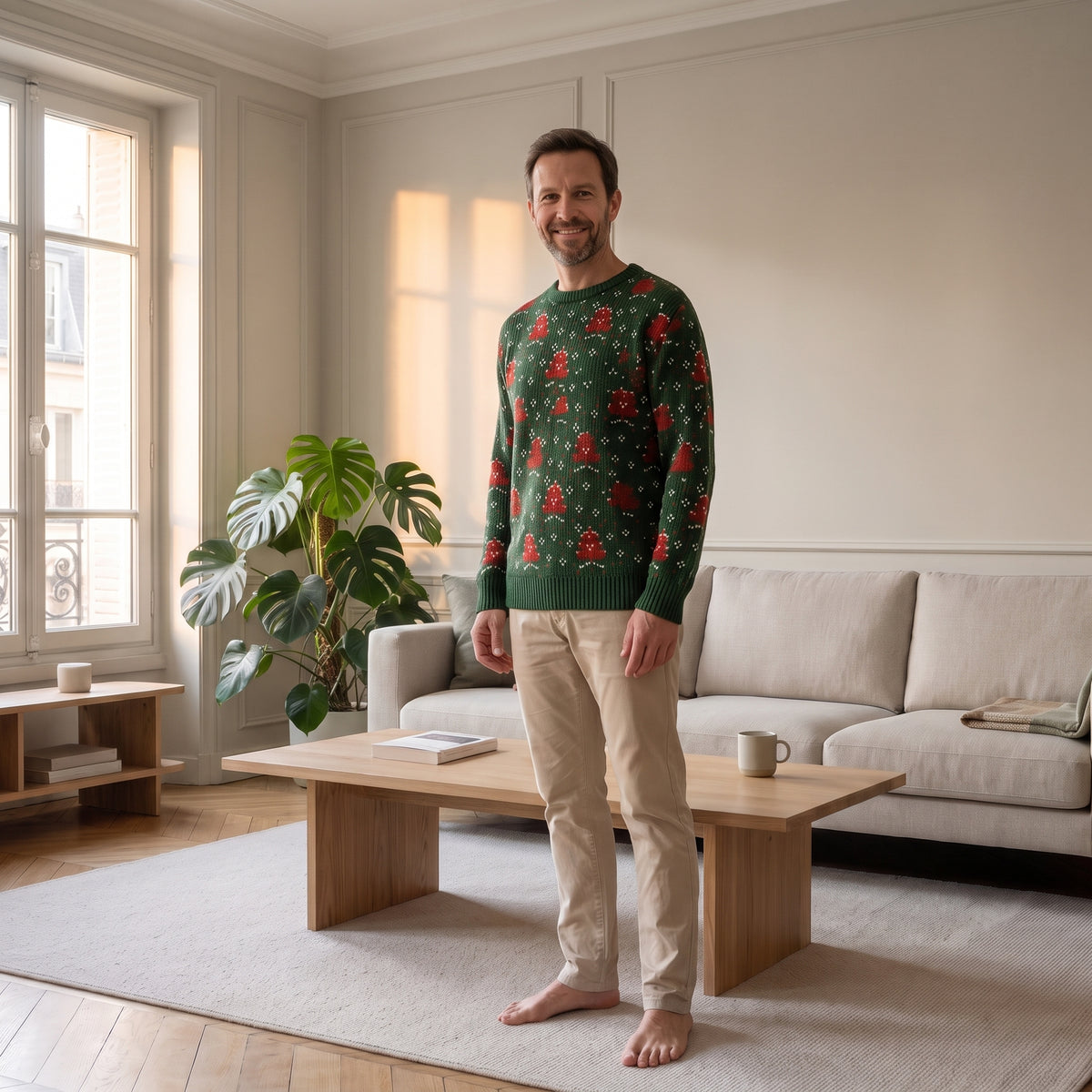 Pull de Noël vert à motifs porté