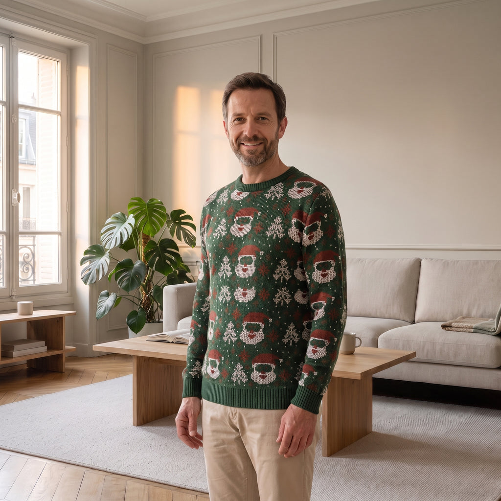 Pull de Noël vert à pères Noël porté