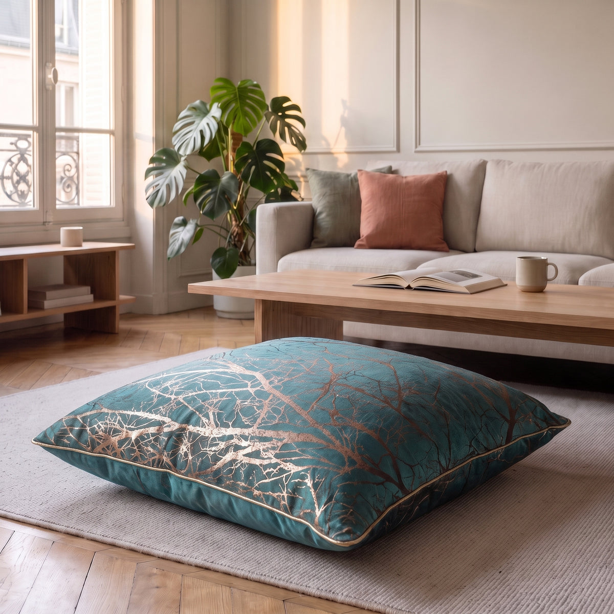 Coussin jacquard satiné vert aux branchages cuivrés posé sur un fauteuil