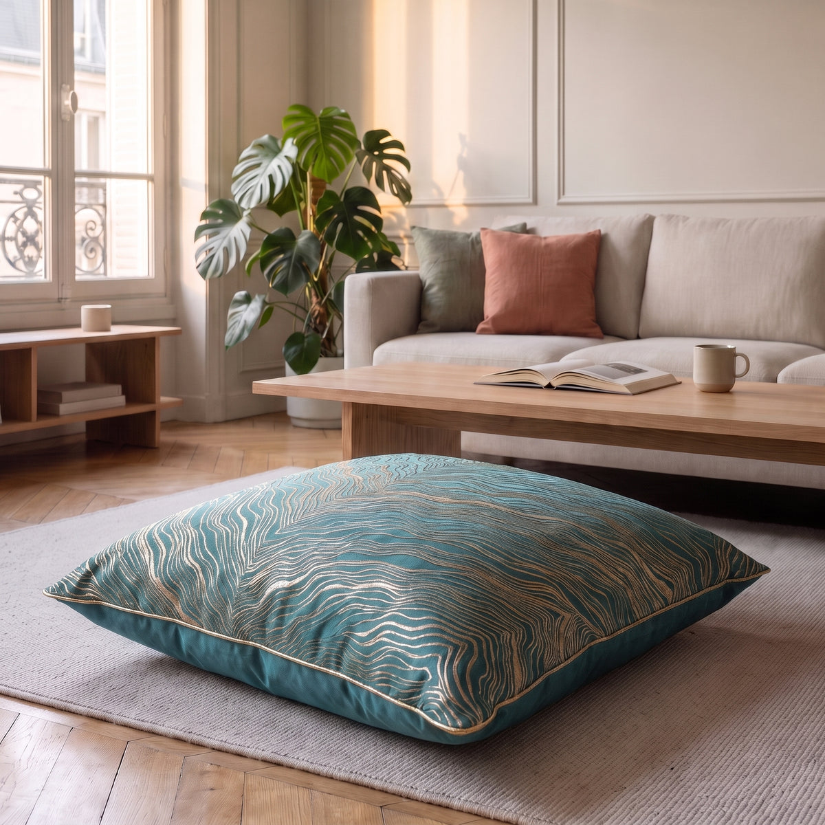 Coussin jacquard satiné vert aux ondes dorées posé sur un fauteuil