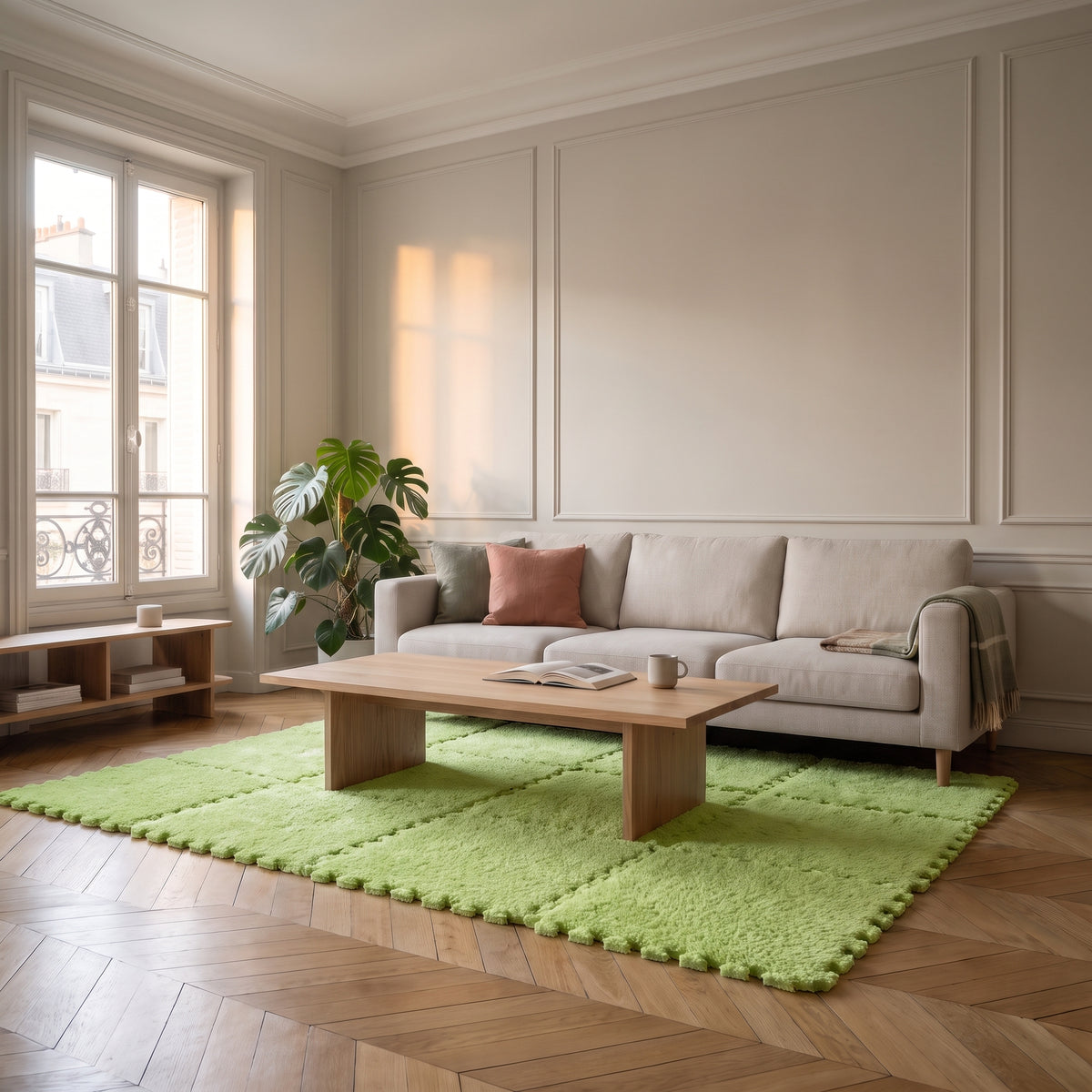 Carrés de tapis en mousse vert clair emboîtés dans un salon