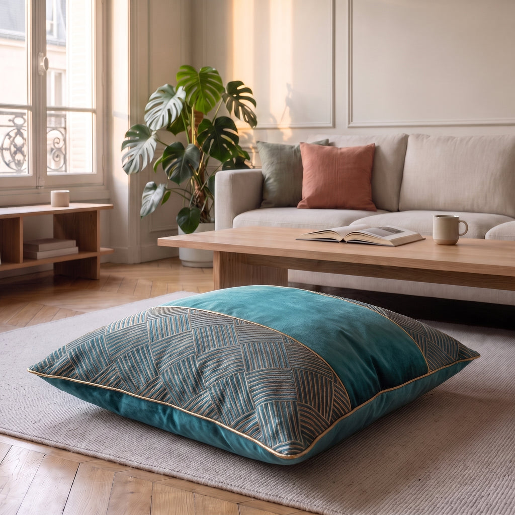 Coussin jacquard satiné vert d'eau à bandes posé sur un fauteuil