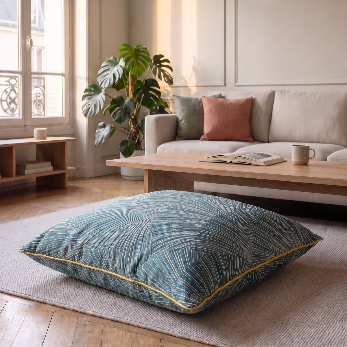 Coussin jacquard satiné vert d'eau aux palmes posé sur un fauteuil