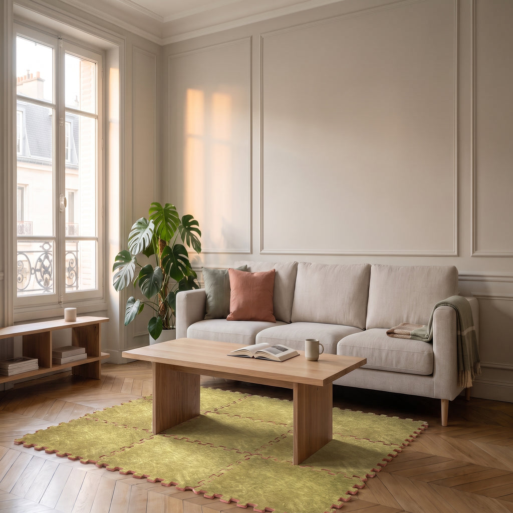 Carrés de tapis en mousse vert olive emboîtés dans un salon