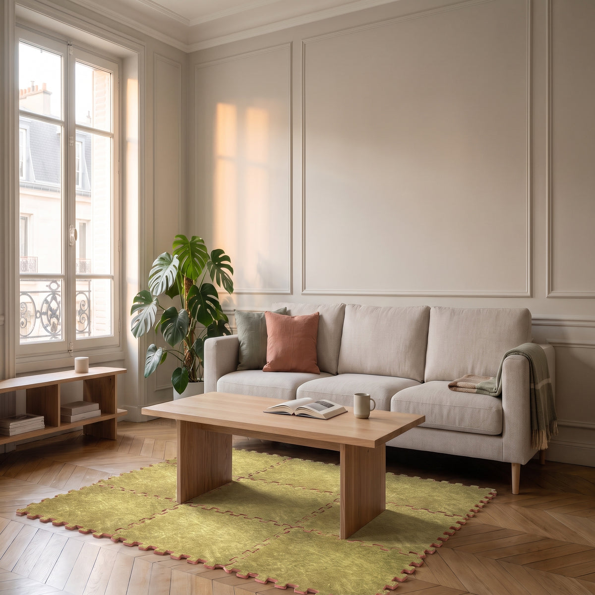 Carrés de tapis en mousse vert olive emboîtés dans un salon