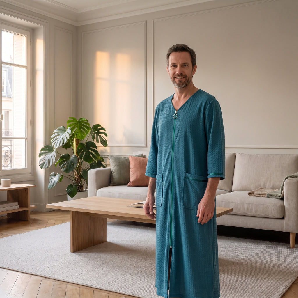 Robe de chambre zippée vert pétrole portée