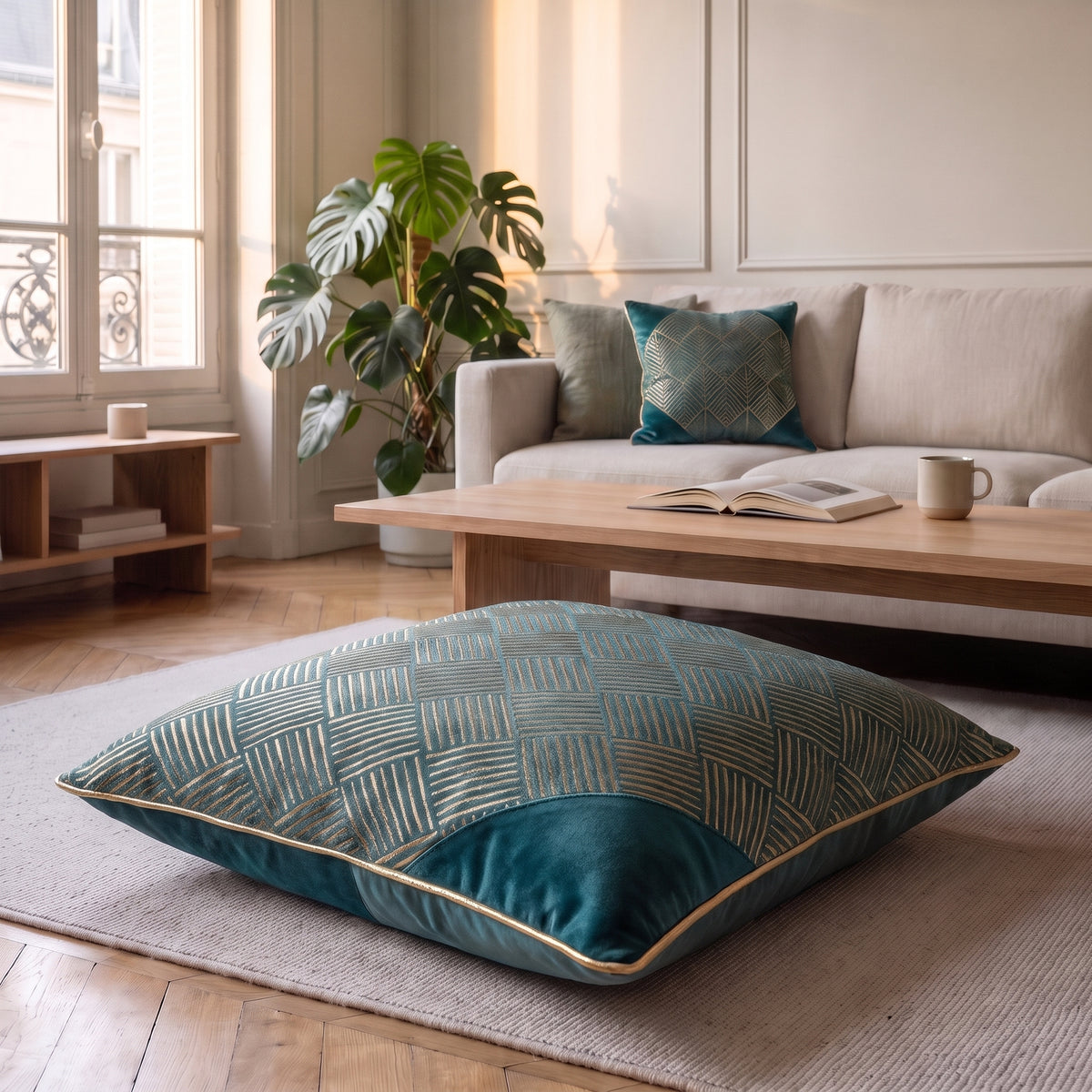 Coussin jacquard satiné vert profond aux losanges posé sur un fauteuil