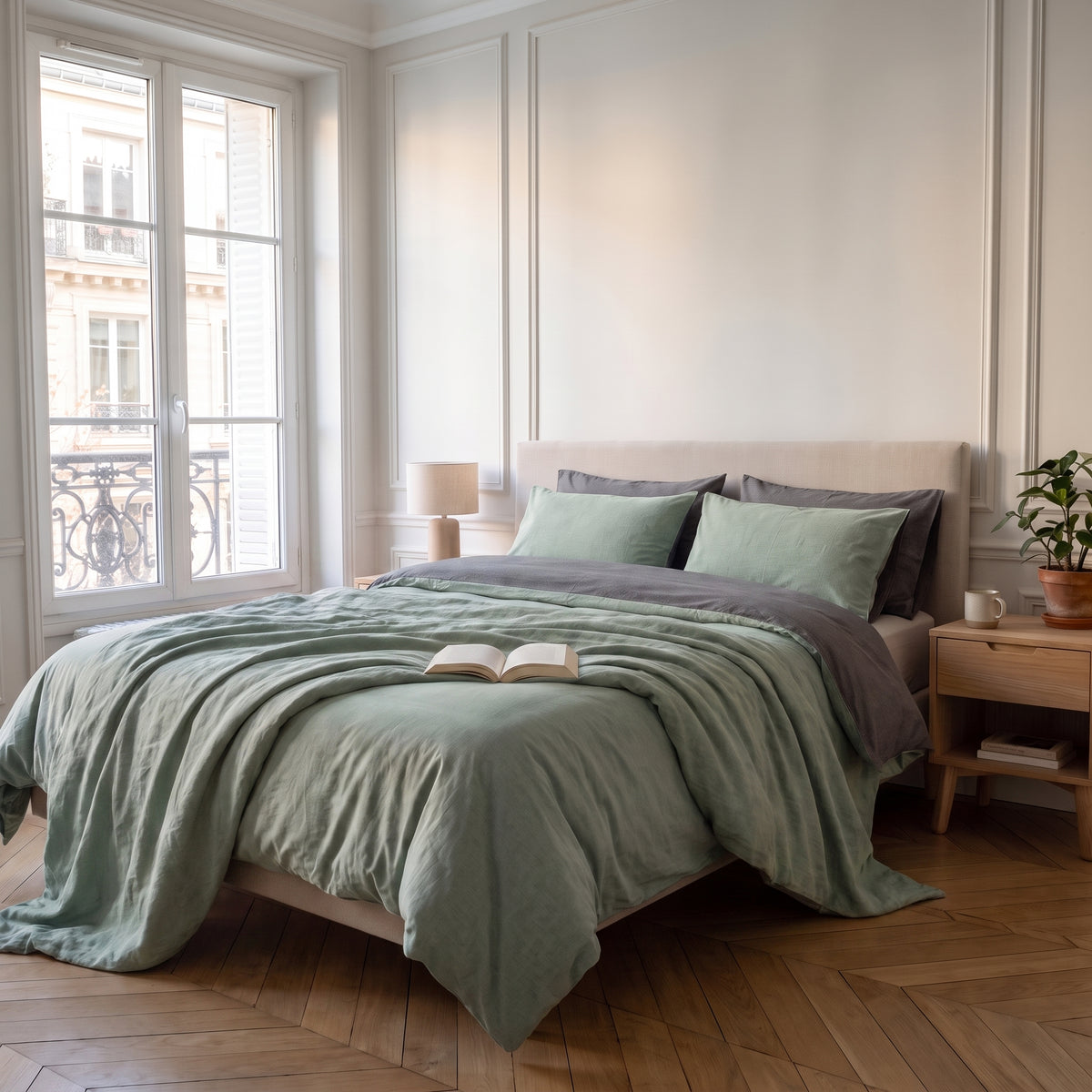 Housse de couette réversible vert sauge