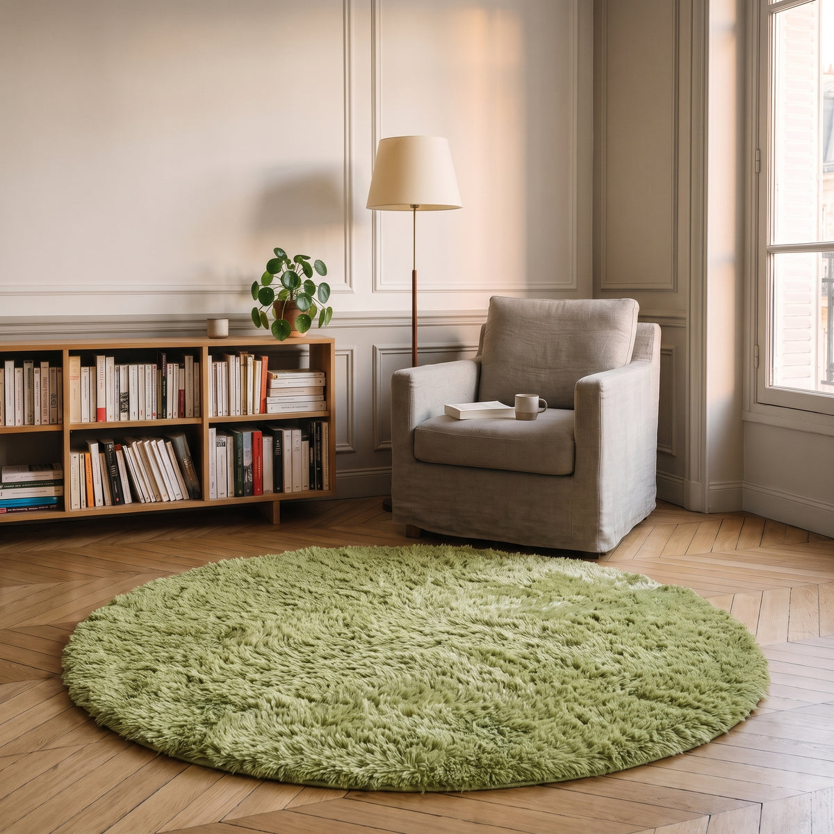 Tapis rond à poils longs coloris Vert, posé devant le fauteuil d'un coin lecture