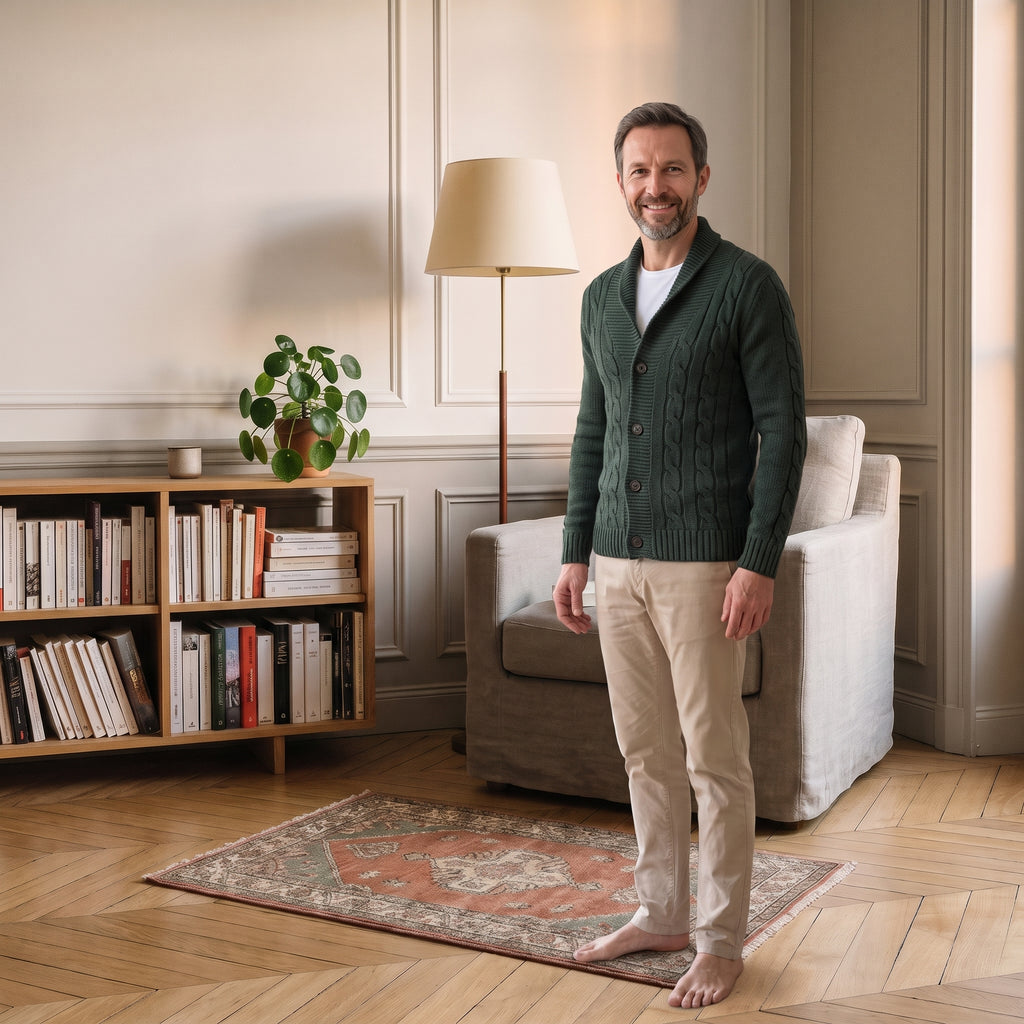 Cardigan homme vert torsadé à col châle porté dans un coin lecture